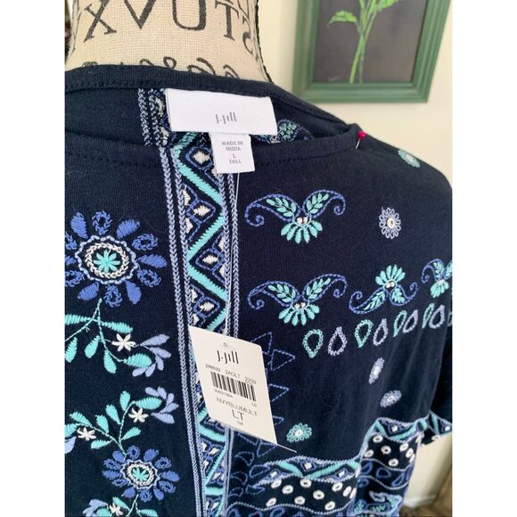 NWT J. Jill Navy Blue Floral Embroidered Blouse Boho Pullover 3/4 Sleeve - Picture 4 of 8